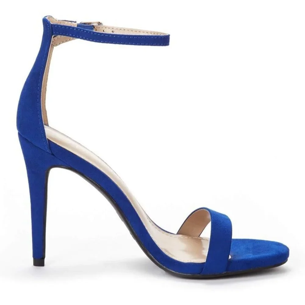 Women's Royal-Blue Flower Ankle Strap Stiletto Round Open Toe Stylish Heel